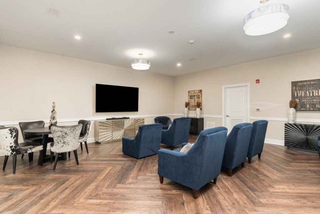 Relaxing lounge area featuring plush blue armchairs, a large TV, and elegant decor. Ideal for socializing and entertainment.
